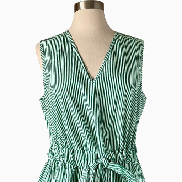 Pearl by Lela Rose Green White Stripe Cotton Dress Bow Tie Waist L - Picture 5 of 9